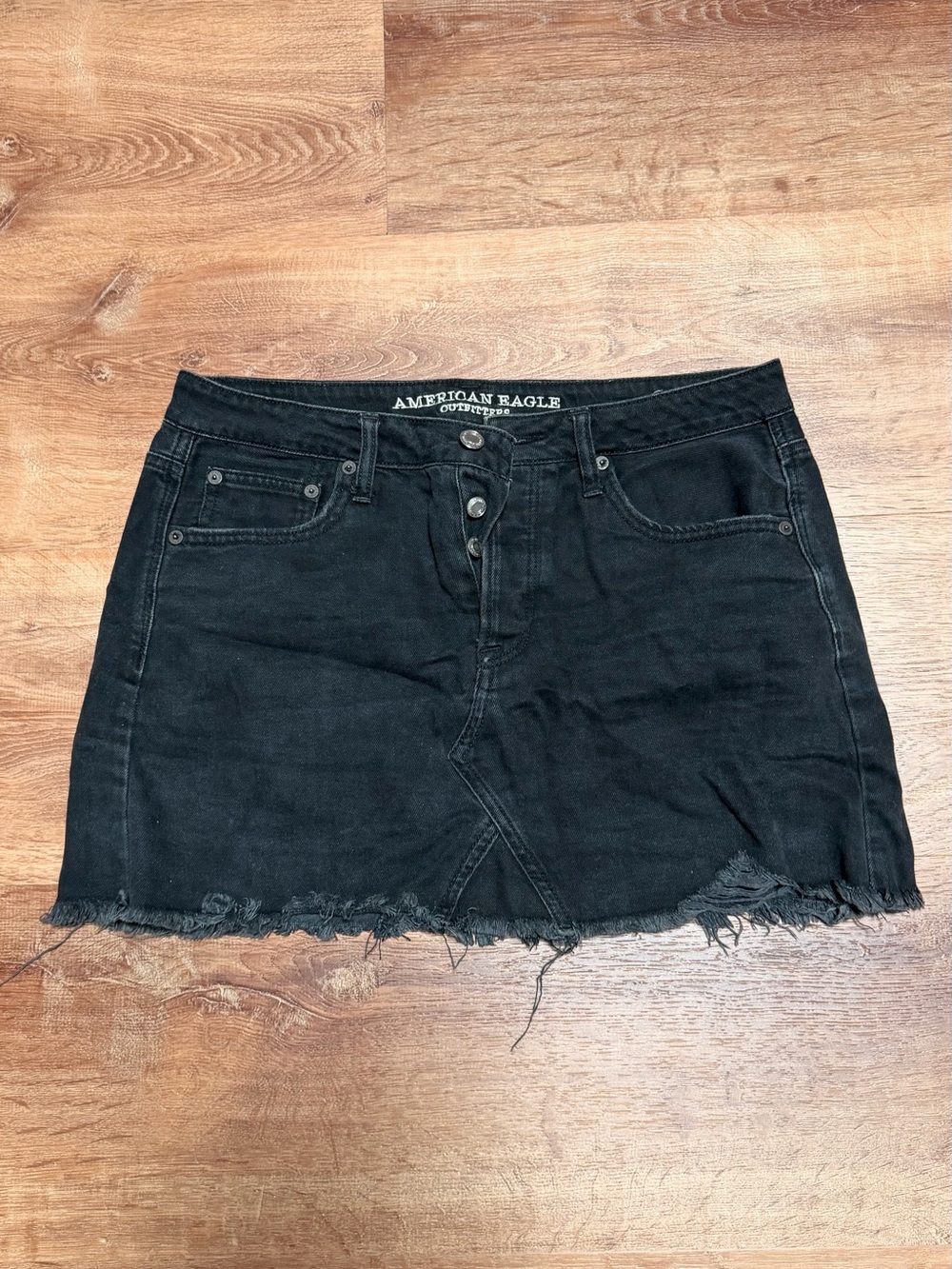 American Eagle Black Denim Mini Skirt with Frayed Hem